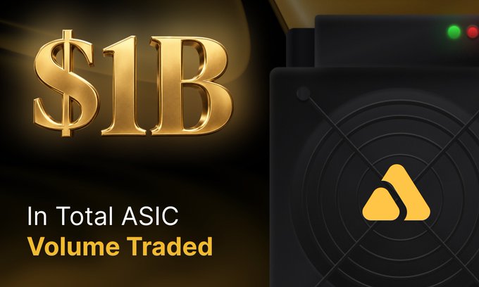 A promotional graphic displays '$1B In Total ASIC Volume Traded' in gold and white text alongside an illustration of a cryptocurrency mining rig with a yellow logo.