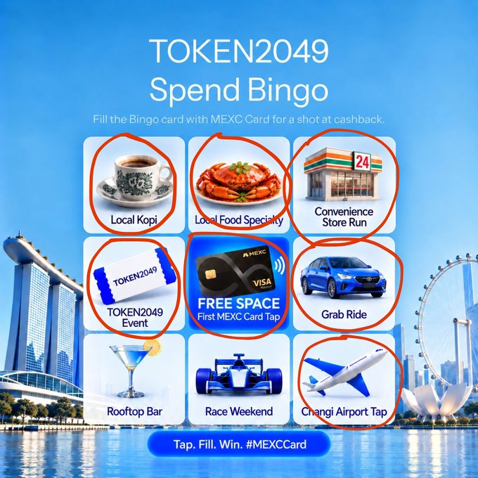 The image shows a "TOKEN2049 Spend Bingo" card for MEXC featuring a 3x3 grid of activities (including Local Kopi, Local Food Specialty, Convenience Store Run, TOKEN2049 Event, Grab Ride, Rooftop Bar, Race Weekend, and Changi Airport Tap) with the center "FREE SPACE" marked as the First MEXC Card Tap—set against Singapore's Marina Bay skyline, with several squares already circled in red to show progress toward winning cashback, as referenced in the post's "How's yours going?" caption.