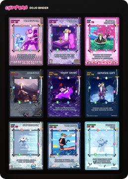 The image displays a digital trading card collection featuring Chimpers cards, including notable pieces like the "Amulet of Branding," "Genesis City," and "The Chimpers" cards, along with others like "Sandbox," "Night Snack," and "Jarritos Collab." The setup is arranged in a binder format, showcasing both OG and the newest collaboration cards as referenced in the post.