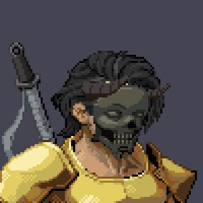 A pixel-art character wearing a yellow jacket and a skull mask holds a weapon over their shoulder against a dark background.