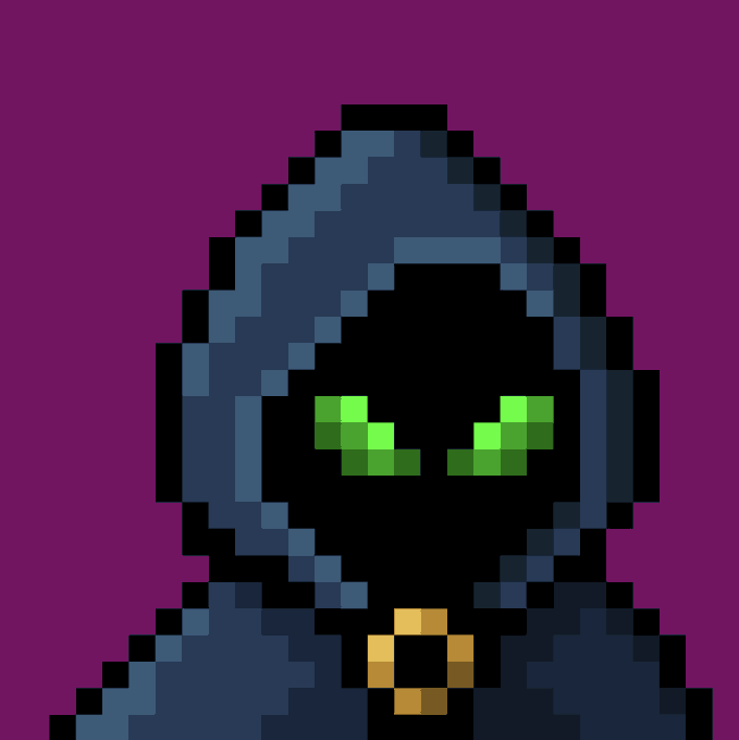 A pixel-art portrait of a hooded figure with glowing green eyes and a yellow Bitcoin symbol on its chest, set against a purple background.
