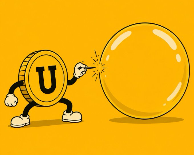 The image features a cartoon gold coin with the letter "U" on its face, holding a stick that appears to be a magic wand or a gun. The coin is pointing towards a large bubble floating in front of it. The text "It's time." is written above and below the bubble, suggesting that something significant has happened or is about to happen.