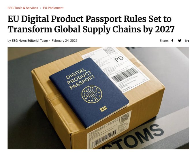 The image shows a brown box with a blue passport inside of it sitting on top of a table. The text above the image reads "EU Digital Product Passport Rules Set to Transform Global Supply Chains by 2027", which suggests that there are new rules in place for digital products, and the passport is related to this change.