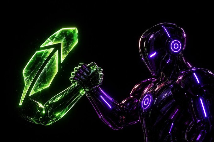 A futuristic robot with glowing purple accents holds a glowing green, crystalline arrow pointing upward against a black background.