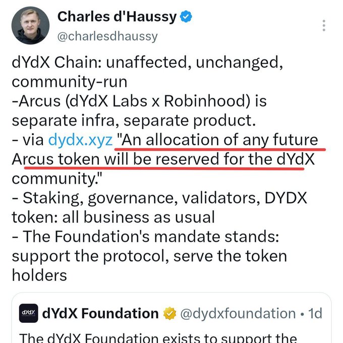 A tweet from Charles d'Haussy (@charlesdhaussy) discussing dYdX Chain remaining unaffected, with a quote about Arcus (dYdX Labs x Robinhood) and a red underline highlighting text about an Arcus token allocation being reserved for the dYdX community.