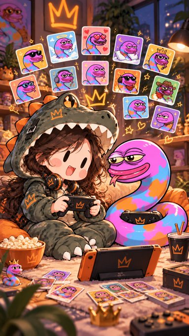 A cartoon illustration of a girl in a dinosaur hoodie playing video games alongside a purple snake character, surrounded by colorful stickers and gaming memorabilia.