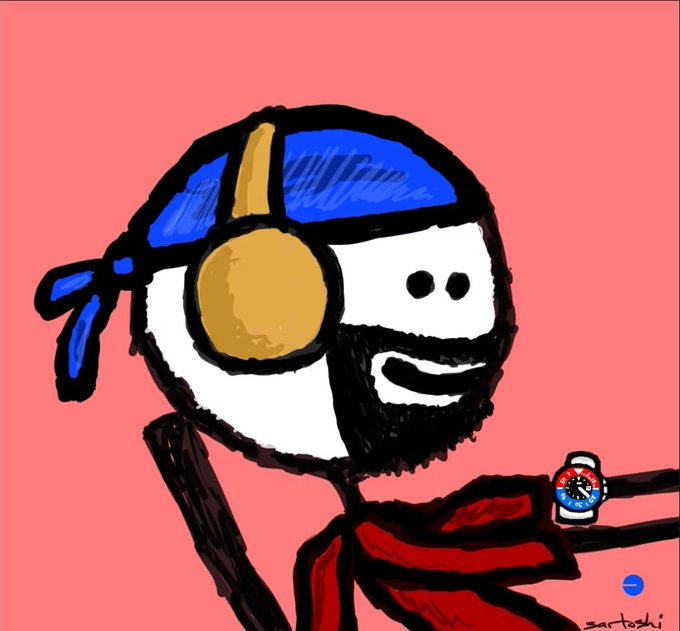 A cartoon-style illustration of a pirate-like character with a blue bandana, eye patch, beard, and red cape against a pink background, with a watch on the right arm and 'sartoshi' signed at the bottom.