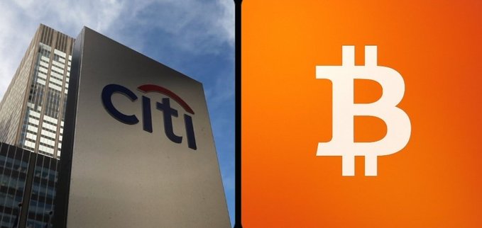 A split image shows the Citi bank sign on the left against a city skyline, paired with the Bitcoin logo on an orange background on the right, visually representing Citi's bullish Bitcoin price predictions of $143K (base case) and $189K (bull case) for 2026.