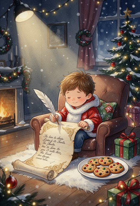 A festive illustration of a young boy in a red and white sweater sitting in a chair by a Christmas tree, writing a letter to Santa Claus on a scroll, with a plate of cookies beside him.