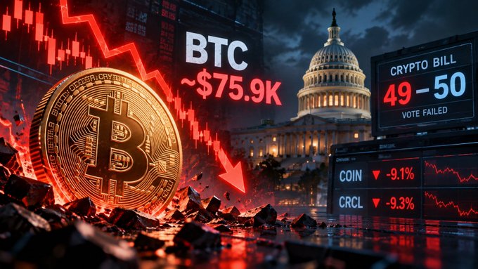 A dramatic illustration showing a gold Bitcoin coin with BTC text '~$75.9K' surrounded by red falling chart lines, set against the U.S. Capitol building, with a 'CRYPTO BILL 49-50 VOTE FAILED' display and COIN down 9.1%, CRCL down 9.3%.