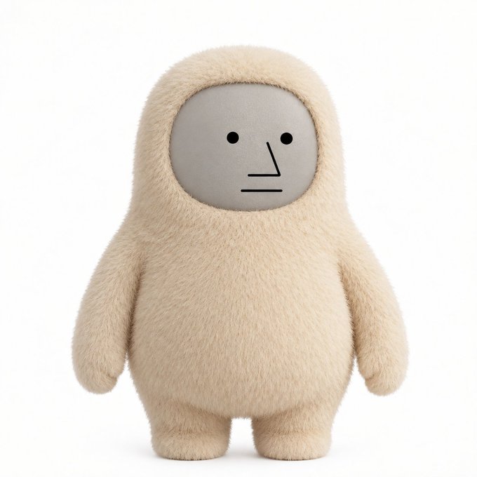 A small, beige, furry humanoid plush toy with a gray face featuring simple black dots for eyes and a minimalist line drawing for a nose and mouth.