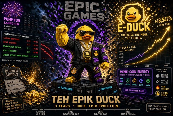 A promotional graphic for 'E-DUCK' cryptocurrency featuring a pixelated duck wearing sunglasses and a gold chain, with text including 'EPIC GAMES', 'PUMP.FUN LAUNCHED 3 YEARS AGO', '+18.547% 3 YEAR RUN', and 'TEH EPIK DUCK 3 YEARS. 1 DUCK. EPIC EVOLUTION.'