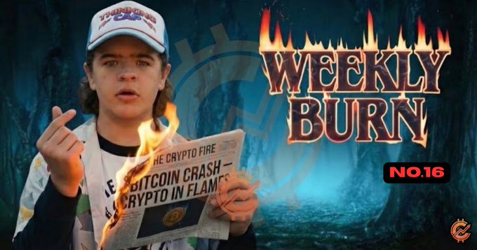 The image features a young man wearing a baseball cap holding a newspaper with a fire burning through it, which appears to be a Cryptopreneurist article about Bitcoin. The title of the article reads "Weekly Burn" and there are some numbers in the image that say "No 16". This suggests that the post is related to Bitcoin or cryptocurrency news, possibly discussing recent events or trends in the crypto world.