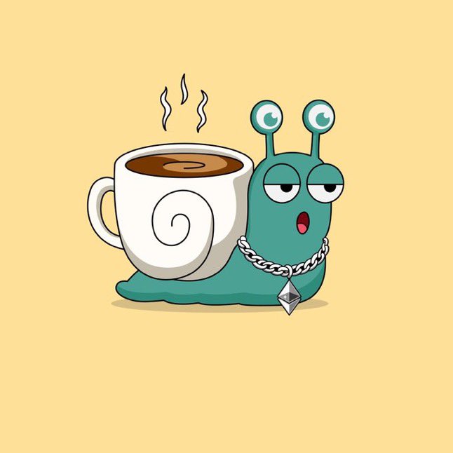A cartoon illustration of a green snail wearing a silver chain necklace with an Ethereum logo pendant, sitting next to a steaming cup of coffee with a swirl design.