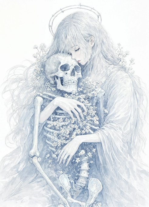 A delicate watercolor-style illustration depicting a pale woman with long flowing hair and a halo-like crown tenderly embracing a skeleton adorned with small white flowers.