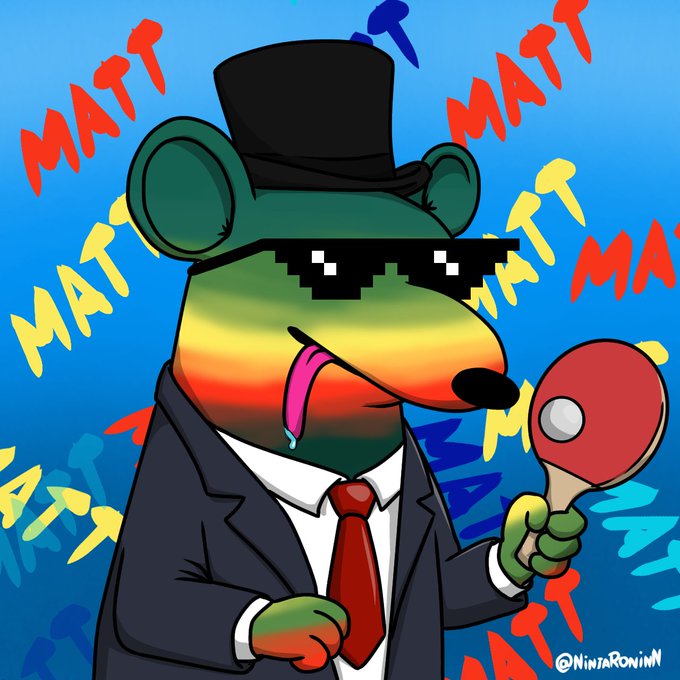 Cartoon frog mascot wearing pixelated 'deal with it' sunglasses, a top hat, and a black suit with red tie, holding a maraca against a blue background covered in red and yellow 'MATT' text (@NinjaRoninn).