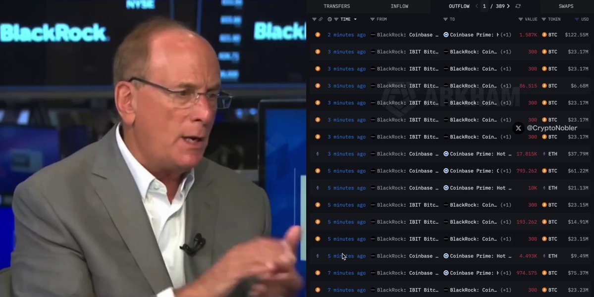 The image features a man wearing glasses sitting at a desk with his hand on his chin while looking down at a computer screen displaying stock market data, possibly from BlackRock. The text on the screen indicates that the company has just started liquidating Bitcoin assets in order to fund an emergency announcement. This information suggests that there is a significant event or news related to Bitcoin and the stock market taking place.