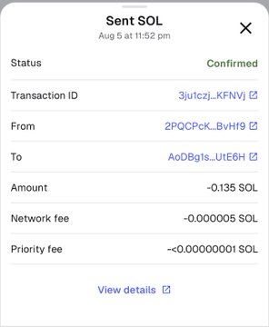A confirmation screenshot of a sent Solana transaction showing 0.135 SOL (~$30) transferred on August 5 at 11:52 pm, displayed as proof of payment to support the post's giveaway announcement.