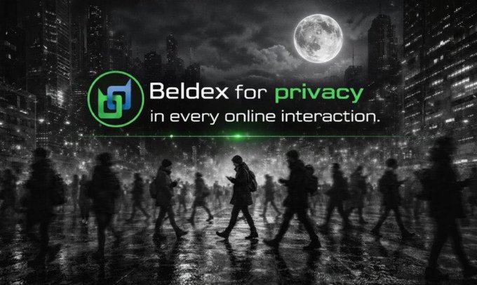 A promotional banner for 'Beldex for privacy in every online interaction' with a green logo, displayed against a dark cityscape background with silhouettes of people walking under a full moon.