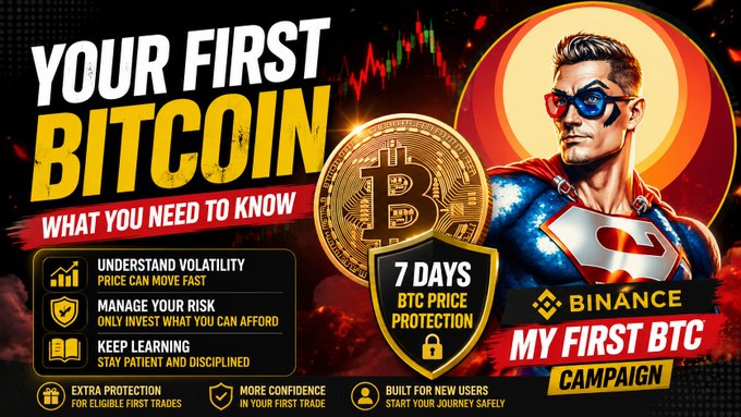 Binance 'My First BTC Campaign' promotional banner featuring a superhero character, Bitcoin imagery, and tips including 'Understand Volatility,' 'Manage Your Risk,' and 'Keep Learning.'
