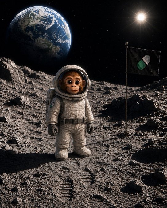 A digital image of a monkey in an astronaut suit standing on the lunar surface next to a flag, with Earth visible in the background.
