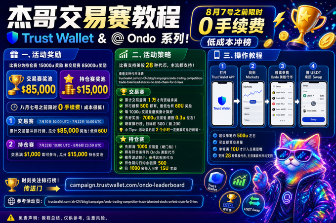 A Chinese promotional graphic titled '杰哥交易赛教程' (Jie哥 Trading Competition Tutorial) for Trust Wallet & Ondo, featuring a neon cyberpunk cat mascot and instructions for a trading competition with prize pools.