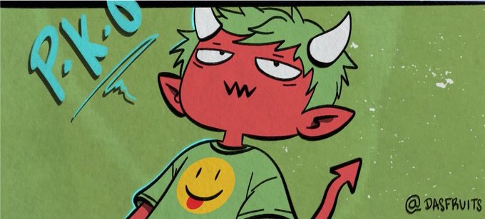 Cartoon illustration of a red-skinned devil-like character with green hair and horns, wearing a smiley-face green shirt, signed by @_DASFAVITS with 'P.K.6' text.