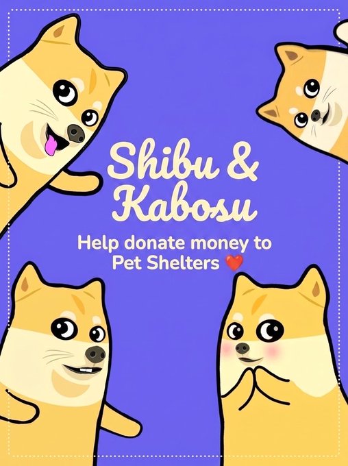A purple graphic for 'Shibu & Kabosu' featuring four Shiba Inu illustrations and the message 'Help donate money to Pet Shelters❤️'.