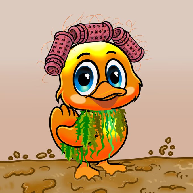 Cartoon illustration of an adorable yellow duckling with big blue eyes, wearing pink hair curlers and draped in green seaweed, standing in muddy ground.