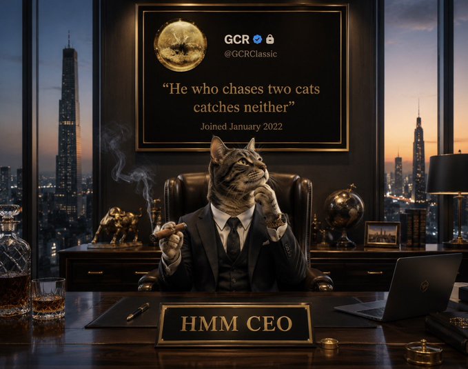 A tabby cat in a CEO suit and tie smokes a cigar at a desk with a "HMM CEO" nameplate, beneath a framed GCR Classic display featuring the quote "He who chases two cats catches neither" alongside the bullish "Bullieve" caption, playfully portraying confident market conviction.
