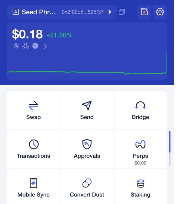 A crypto portfolio dashboard displays a balance of just $0.18 (+21.50%) for "Seed Phr..." (token address 0x2f02c5...525f37), alongside a 9-button menu of options like Swap, Send, Bridge, Transactions, and Staking—ironically highlighting the minimal holdings referenced in the post about not even having $1 in the portfolio.