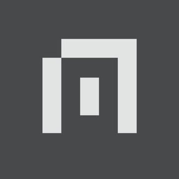 A minimalist white geometric logo resembling an abstract 'M' or two arches over a central pillar, set against a solid dark gray background.