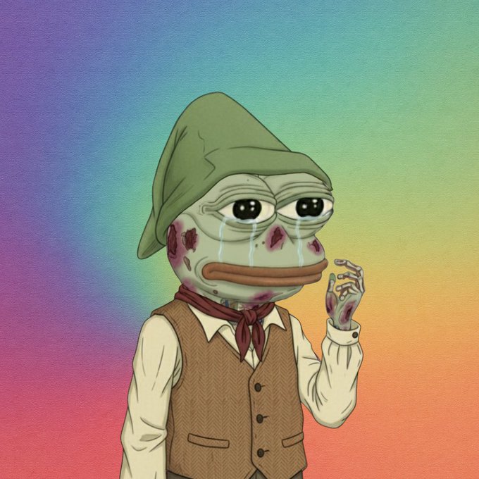 A digital illustration of a crying Pepe the Frog character dressed in a green pointed hat, brown vest, and red neckerchief against a colorful gradient background.