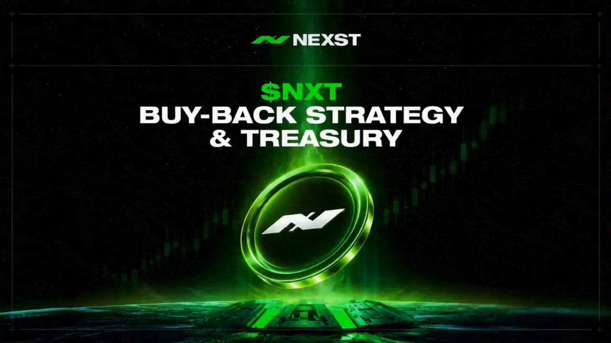 The image features a green circle with a white logo that says "NXT" inside of it. The background of the image is black, which contrasts with the green circle. Below the circle, there's text that reads "buy-back strategy & treasury". The image also includes a small planet in the bottom right corner and a keyboard in the top left corner.