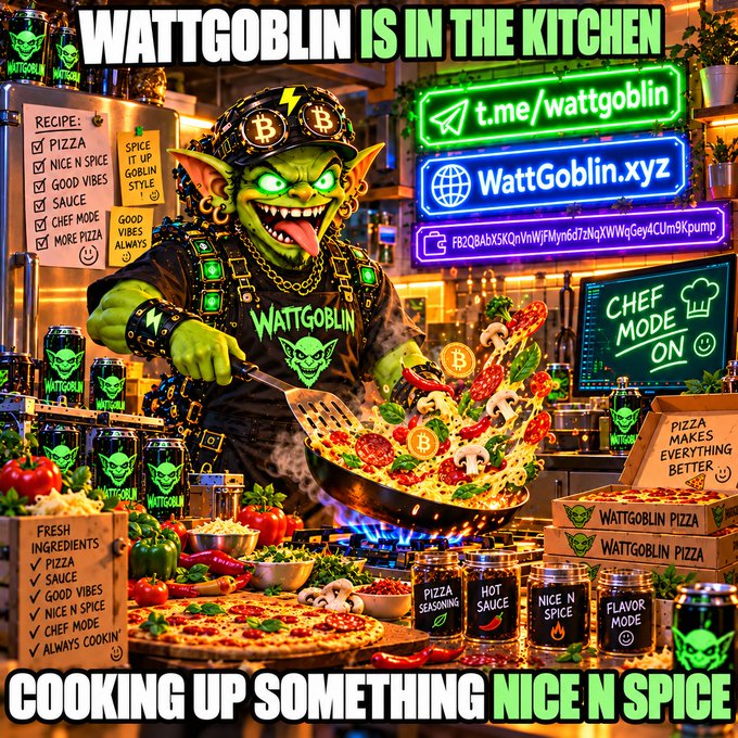 A green-skinned goblin chef branded with "WATTGOBLIN" logos and a Bitcoin cap tosses pizza in a neon-lit kitchen, surrounded by promotional text including "WATTGOBLIN IS IN THE KITCHEN," "t.me/wattgoblin," "WattGoblin.xyz," and "COOKING UP SOMETHING NICE N SPICE," with recipe checkboxes for "PIZZA, NICE N SPICE, GOOD VIBES, SAUCE, CHEF MODE, MORE PIZZA." The image ties directly to the post's #Memecoin #Solana theme by presenting WattGoblin as a playful, food-themed crypto brand ready to "race" in the meme coin kitchen.