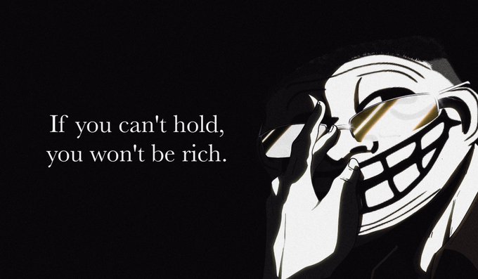 A black-and-white cartoon troll face wearing sunglasses displays the text "If you can't hold, you won't be rich," reinforcing the post's bullish sentiment about $TROLL surpassing $PEPE's all-time high by encouraging diamond-handed conviction.