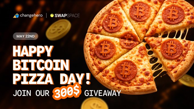 The image features a pizza with Bitcoins placed on top of it, surrounded by coins. The text "Happy Bitcoin Pizza Day!" is displayed above the pizza, indicating that this event is related to Bitcoin. The image also includes a banner promoting a giveaway for three pizzas and mentions that the event took place in January 2000.