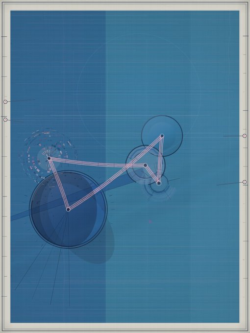 A blueprint-style illustration in blue tones showing a geometric triangle connecting three circular nodes with technical grid lines.