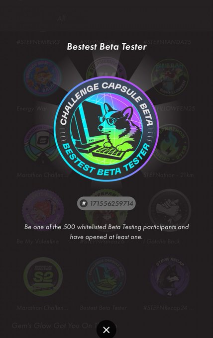 Digital achievement badge titled 'Bestest Beta Tester' from a STEPN challenge capsule, featuring a cartoon cat at a computer, with the number #171556259714 and note about being one of 500 whitelisted beta testing participants.