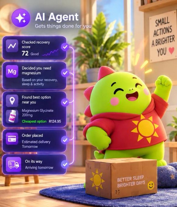 An advertisement for an 'AI Agent' featuring a cute green dinosaur mascot wearing a sun shirt, with task cards showing recovery score of 72, magnesium recommendation, order placement, and delivery tracking.