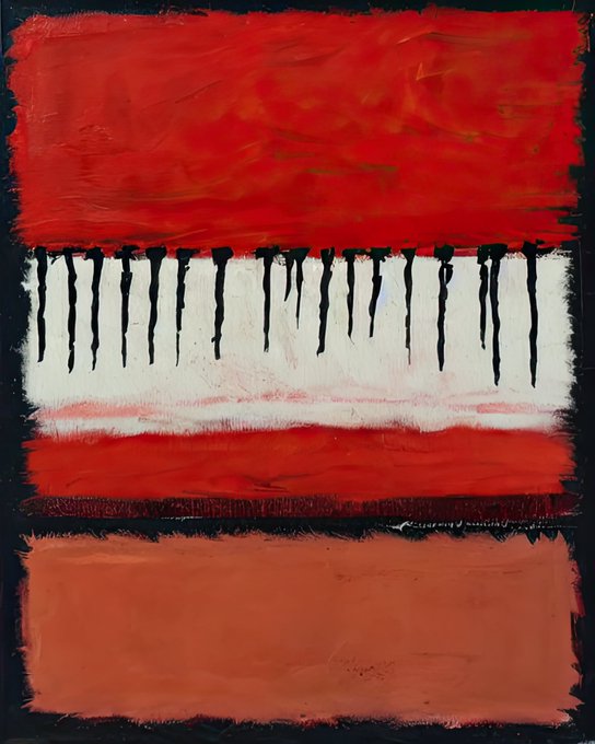 An abstract painting featuring horizontal bands of red, white, and orange separated by black lines, with a series of vertical black marks across the central white section.