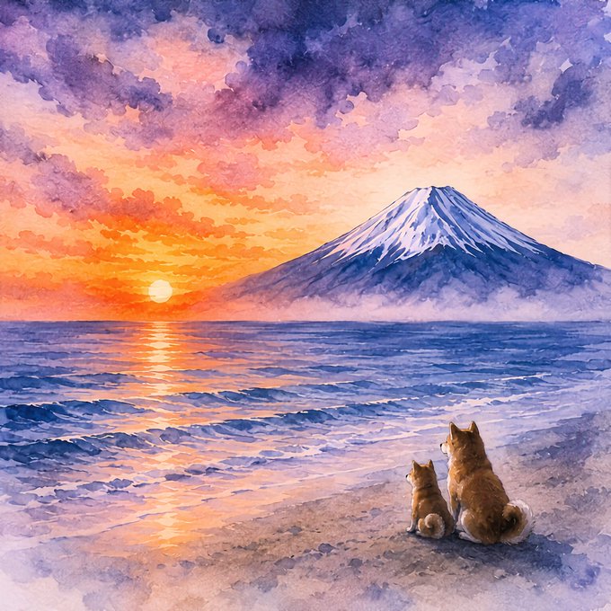 A watercolor painting of two cats sitting on a beach, watching a sunset with a mountain resembling Mount Fuji in the background.