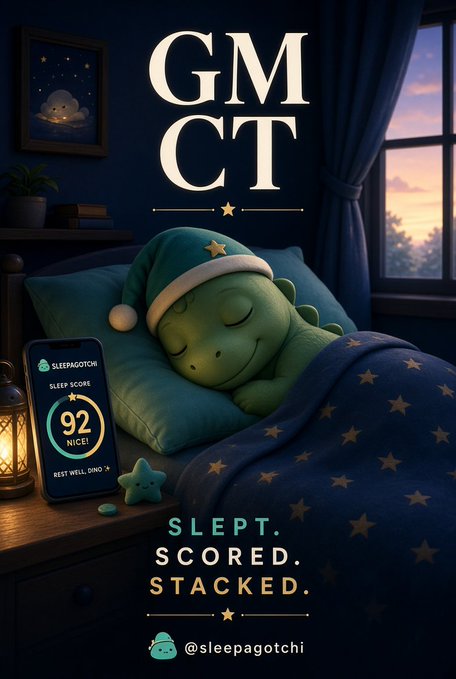 An illustrated GMCT (Good Morning Crypto Twitter) image shows a cute green dragon wearing a sleeping cap tucked into bed with a phone displaying a 'SLEEP SCORE 92 NICE!' and the text 'SLEPT. SCORED. STACKED.' by @sleepagotchi.