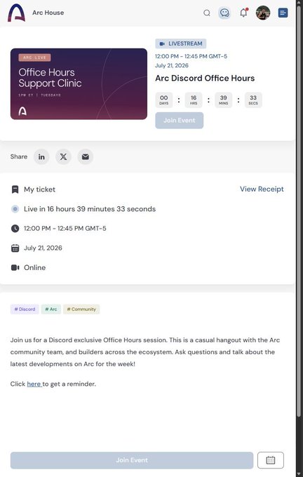 An Arc House event page for 'Arc Discord Office Hours Support Clinic,' a livestream event scheduled for July 21, 2026.