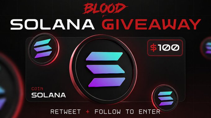 A promotional graphic advertising a "$100 SOLANA GIVEAWAY" with instructions to "RETWEET + FOLLOW TO ENTER," featuring the Solana logo and branding on a dark red background, aligning with the post's call to repost and join for a chance at the reward.