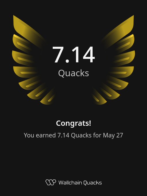 The image features a poster or card that displays an award for Quacks, which is a type of cryptocurrency. The text on the card congratulates the user for earning 7.14 Quacks today. The background of the image is black with gold accents, giving it a shiny and eye-catching appearance. The text "Wallchain Quacks" is also present in the image.