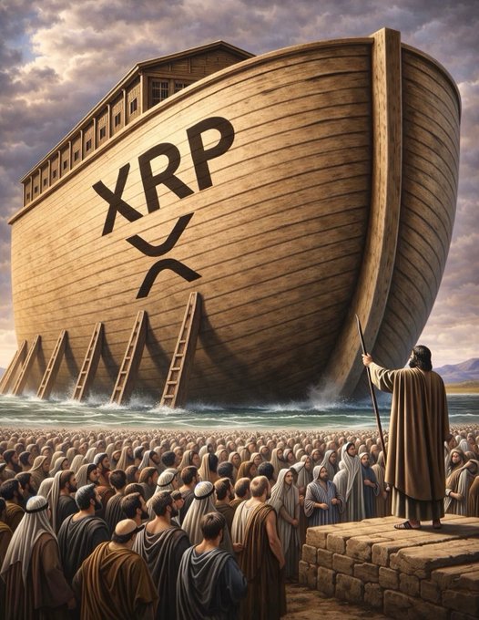 A bearded figure in robes stands on a stone platform addressing a massive crowd in front of a colossal wooden ark-style ship bearing the "XRP" logo and emblem on its hull, with a speaker gesturing toward the vessel from the shore. The biblical Noah's Ark imagery is used as a metaphor for the poster's optimistic, faithful outlook on the XRP cryptocurrency, suggesting the community is gathering aboard a "ship" destined for big gains.