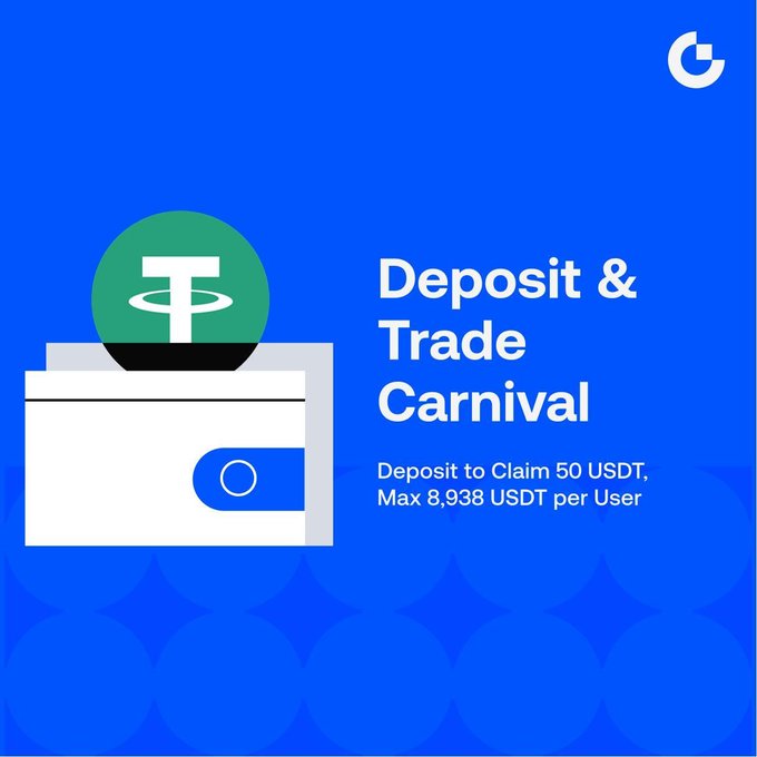 A promotional graphic with a blue background featuring a white wallet illustration holding a green USDT coin, advertising Gate's "Deposit & Trade Carnival" with text stating "Deposit to Claim 50 USDT, Max 8,938 USDT per User." The image visually supports the post's announcement of deposit and futures trading rewards, with the wallet and USDT coin symbolizing the deposit requirement needed to earn the 50 USDT bonus.