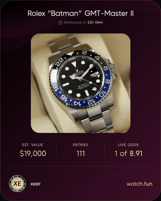 A watch.fun giveaway card for the Rolex "Batman" GMT-Master II, valued at $19,000 with 111 entries and live odds of 1 in 8.91, shows user "xeer" topping the leaderboard and gaining an edge over other competitors like @SolanaSensei and @FFVV1211 in the high-stakes raffle.