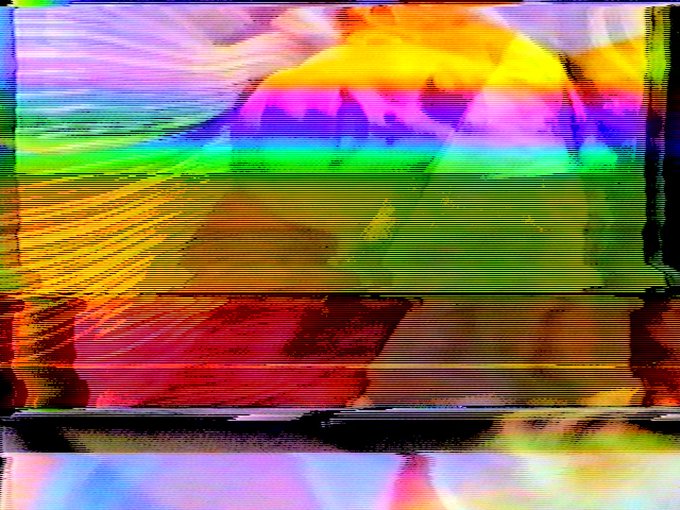A distorted, glitch-art image features horizontal streaks of bright neon colors including yellow, green, purple, and red.